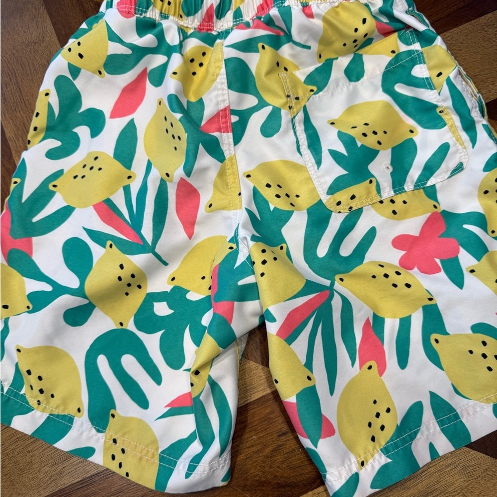 Hanna Andersson White Lemon Print Swim Trunks bathing suit FLAW